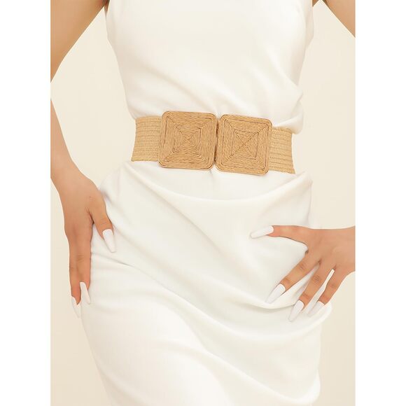 6153 Women\'s Symmetrical Buckle Straw Belts Wide Belt Elastic Waistband main image 5